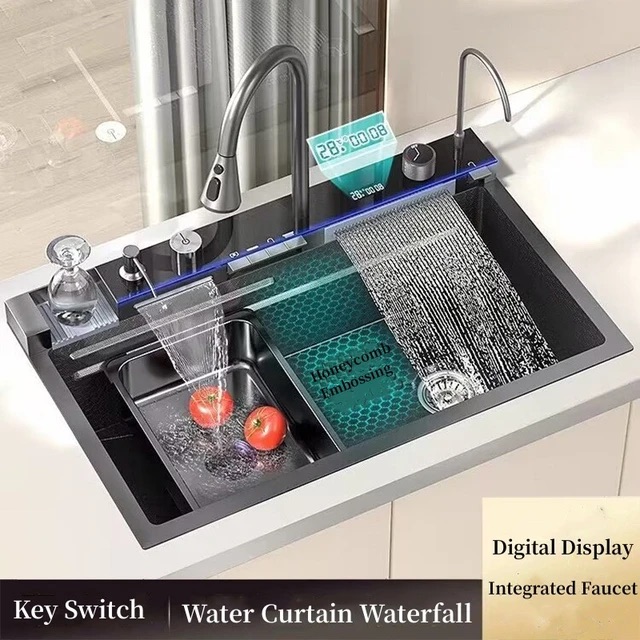 سینک ظرفشویی آبشاری مشکی مدل پیانویی 5 کلید